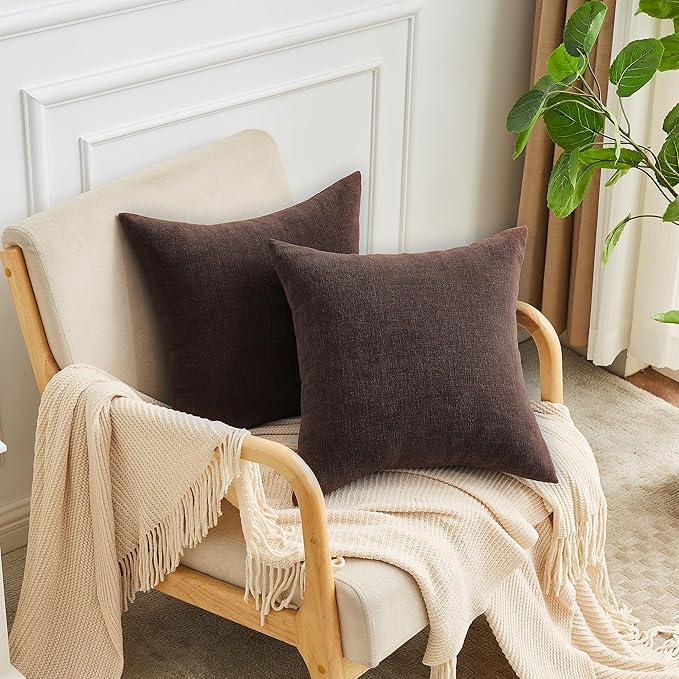 GAWAMAY Decorative Square Throw Pillow Covers 18x18 Inch Set of 2, Super Soft Chenille Pillows Cover Fall Pillowcase for Living Room Bedroom Sofa Couch Cushion Cover Coffee 45x45cm (No Inserts)