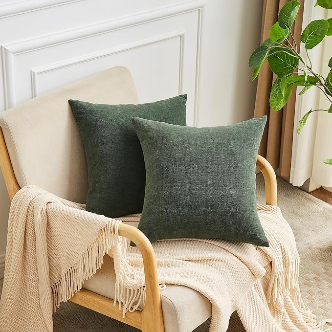 GAWAMAY Decorative Chenille Throw Pillow Covers 26"x26" Inch Pack of 2, Soft Square Couch Pillow Cover for Sofa Cushion Living Room Bedroom Solid Oversized Pillowcases Dark Green 66x66cm (NO Insets)