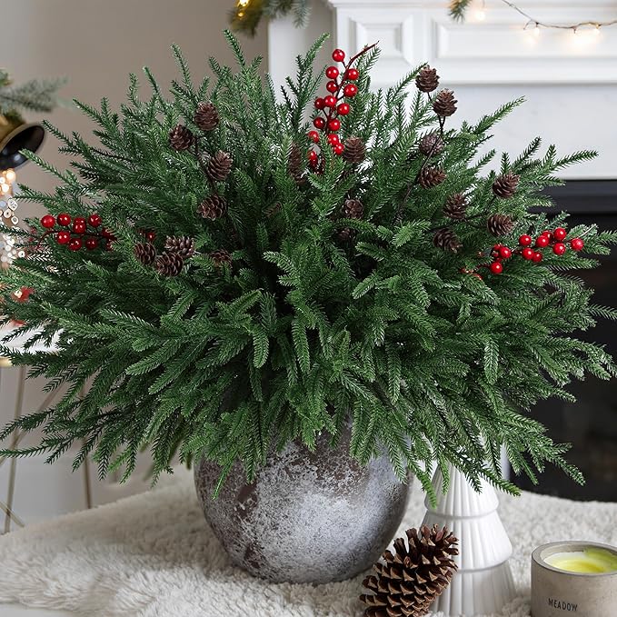 Artificial Christmas Norfolk Pine Stems Branches for Vases,17 Bundles Faux Pine Branches with Pinecones and Red Berries Branches,Fake Greenery Evergreen Real Touch for Holiday Winter Table Xmas Décor