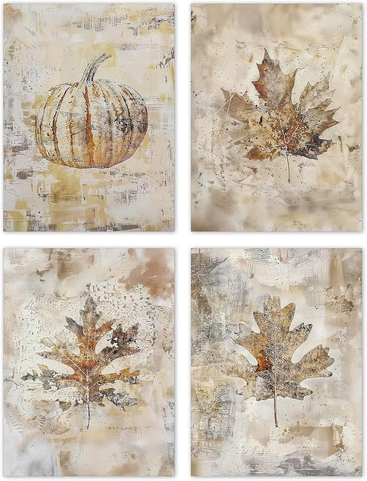 TLESKE Vintage Fall Leaves Posters Prints Unframed 12x16 Set of 4, Autumn Rustic Maple Oak Leaf Wall Art Prints Decor for Farmhouse Bedroom Living Room, Thanksgiving Wall Pictures