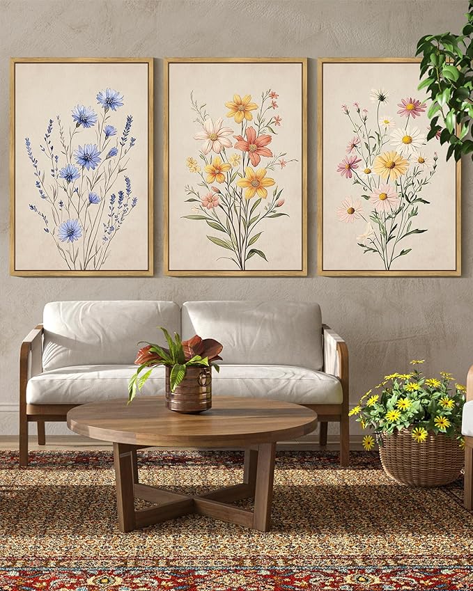 KUVIOKE Vintage Wildflower Bouquet Framed Wall Art Color Botanical Flower Wall Decor Modern Colorful Floral Hanging Decor for Living Laundry Dining 16x24in (Natural Framed)