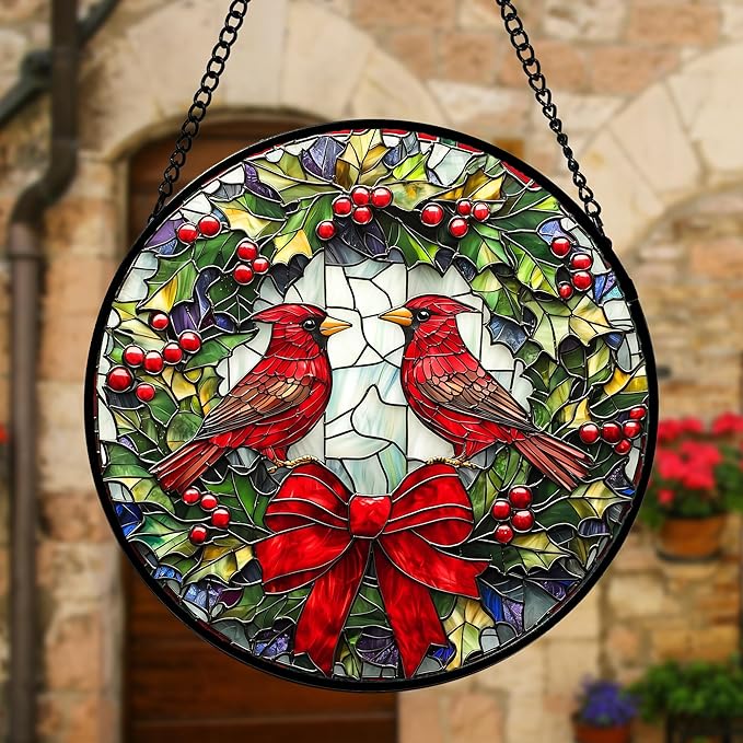 Stained Glass Window Hanging - Cardinals Green Wreath Suncatcher for Doors Home Christmas Decoration Red Bird Sun Catcher Thanksgiving New Year Birthday Gift for Women Men Mom Nana 7.8 in