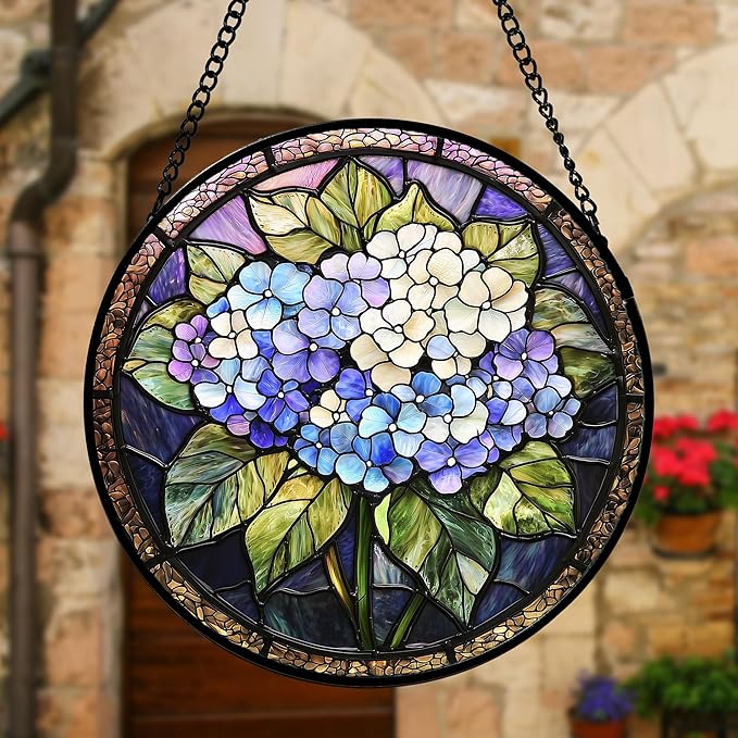 Stained Glass Window Hanging, Hydrangea Flowers Sun Catchers Diamond Glass Panel Hangings Plant Suncatcher Decor for Birthday for Women, Men, Wife, Aunt, and Mom 6.3 in