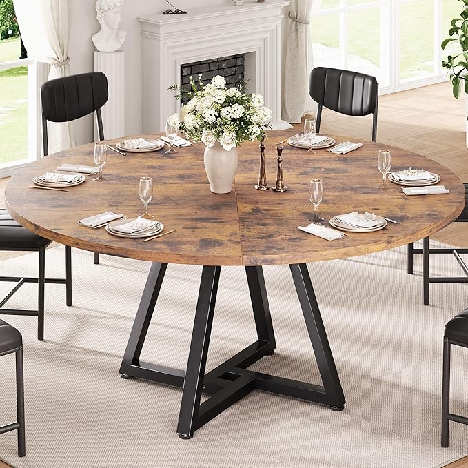 51“ Round Kitchen Dining Room Table for 6-8, Circle Dining Dinner Table with Pedestal Metal Frame, Space Saving Wood Industrial Furniture for Small Space (Rustic Brown, 51In)