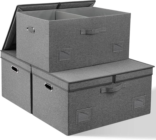 75 Quarts Extra Large Decorative Storage Bins with Lids, 3 Packs Gray Collapsible Storage Bins with Lids, Stackable Storage Bins Decorative Box Storage With Lid Extra Large