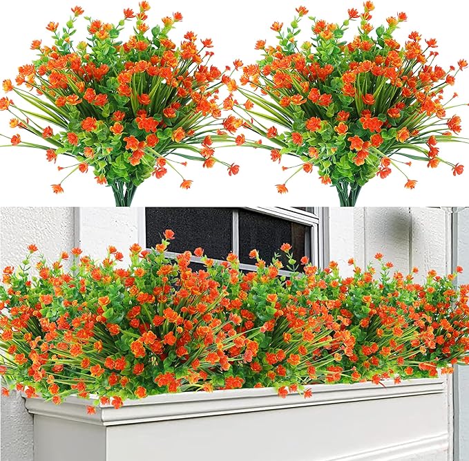 Sggvecsy Artificial Fall Flowers for Outdoors 12 Bundles UV Resistant Boxwood Shrubs Fake Plants for Autumn Harvest Thanksgiving Farmhouse Garden Home Indoor Outdoor Decoration(Orange)