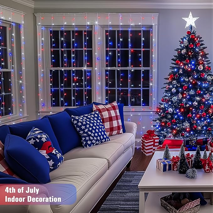 JMEXSUSS 300LED Red White and Blue Lights with Remote, 4th of July Lights Plug in, Patriots Curtain Hanging String Lights for Bedroom Wall Window Backdrop Indoor Outdoor 4th of July Decor, 9.8x9.8ft