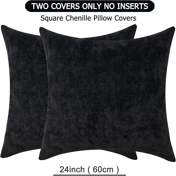 GAWAMAY Decorative Chenille Throw Pillow Covers 24x24 Inch Pack of 2, Soft Square Couch Pillow Cover for Sofa Cushion Living Room Bedroom Solid Dyed Pillowcases Black 60x60cm (ONLY Covers)