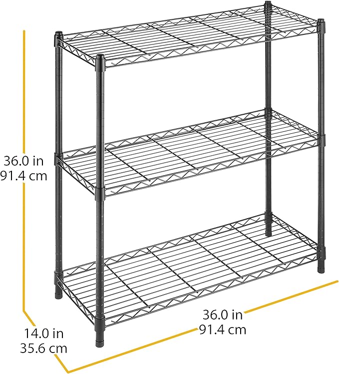Whitmor 3 Tier Shelving Unit, Metal Storage Shelves, 400 lbs Capacity per Shelf, 1200 lbs Total, Adjustable Heavy Duty Shelf, Easy Assembly for Kitchen, Garage, Plant, 36"L x 14"W x 36"H, Black
