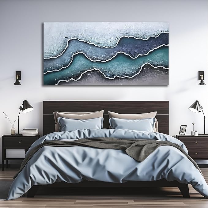 Blue and White Oil Painting Wall Art for Bedroom Beach Canvas Wall Art for Office Extra Large Wall Decor for Living Room Size 36 x 72 Inch