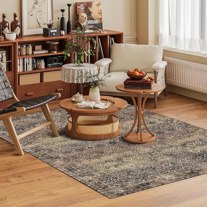 Washable Area Rug 6' x 9' Vintage Traditional Persian Mat - Foldable Distressed Non-Slip Machine Washable Carpet for Living Room Bedroom Kitchen Home Decor - Umber and Slate