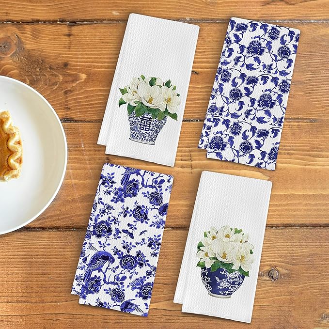 Blue and White Porcelain Chinoiserie Kitchen Towels Set of 4 - Chinoiserie Decor Dish Towels for Kitchen, Blue and White Decorative Hand Towels for Bathroom Kitchen, 16x24 Inches