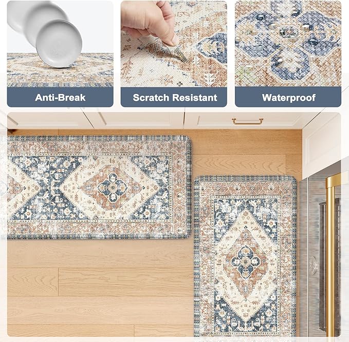 KIMODE Anti Fatigue Kitchen Mats for Floor,17.3" x 29" Cushioned Boho Vintage Kitchen Rugs,Non-Slip Waterproof Kitchen Sink Standing Mat Wipe Clean for Kitchen,Laundry Floor,Mutil-Blue