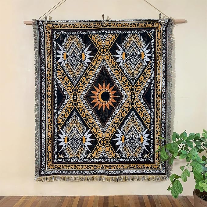Boho Throw Blanket Reversible Cotton Bohemian Tapestry Hippie Room Decor Double Sided (The Block 50"x60")