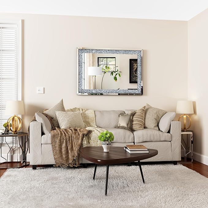 Crystal Crush Diamond Mirror-40 x28 Silver Mirror, Gorgeous Wall Mirror, Rectangle Mirrors for Wall Bathroom, Bedroom, Dining Room and Living Room