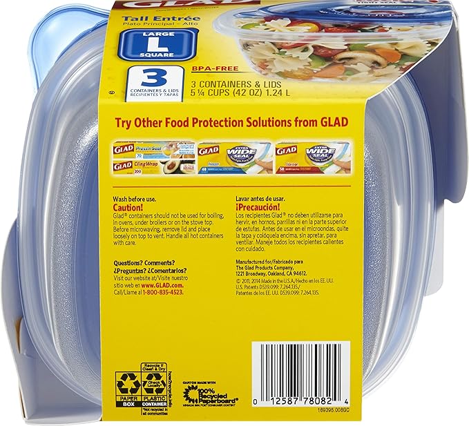 Glad GladWare Tall Entree Food Storage Containers - Large Square - Meal Container Holds up to 42 Ounces of Food - Lock Tight Seal, 3 Count - 6 Pack