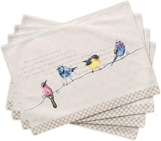 Maison d' Hermine Placemats Set of 4 100% Cotton Washable Cloth Place Mats, Reusable Table Mats for Kitchen Dining Decoration, Party, Wedding, Restaurant Spring/Summer (Birdies On Wire, 13" x 19")