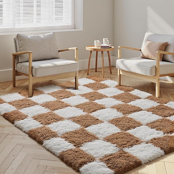 Checkered Rug 3x5 for Living Room, Beige and White Modern Shag Rug Super Soft Washable Indoor Fuzzy Carpet Non-Slip Fluffy Rugs for Bedroom Home Aesthetic Decor