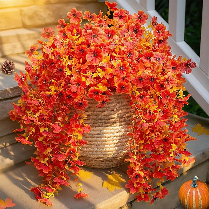 Fall Artificial Flowers for Outdoors Fake Silk Flower, 2Pcs Red Orange Daisy Autumn Decor, Realistic Hanging Decoration Plants, UV & Fading Resistant for Porch Patio Balcony Planter