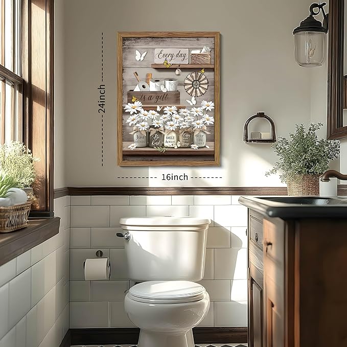 Wood Framed Farmhouse Bathroom Wall Art, Vintage Rustic Daisy Canvas Wall Decor Paintings, Flower Butterfly Inspirational Posters Prints Pictures Artwork for Bathroom Bedroom Living Room 16x24 Inch