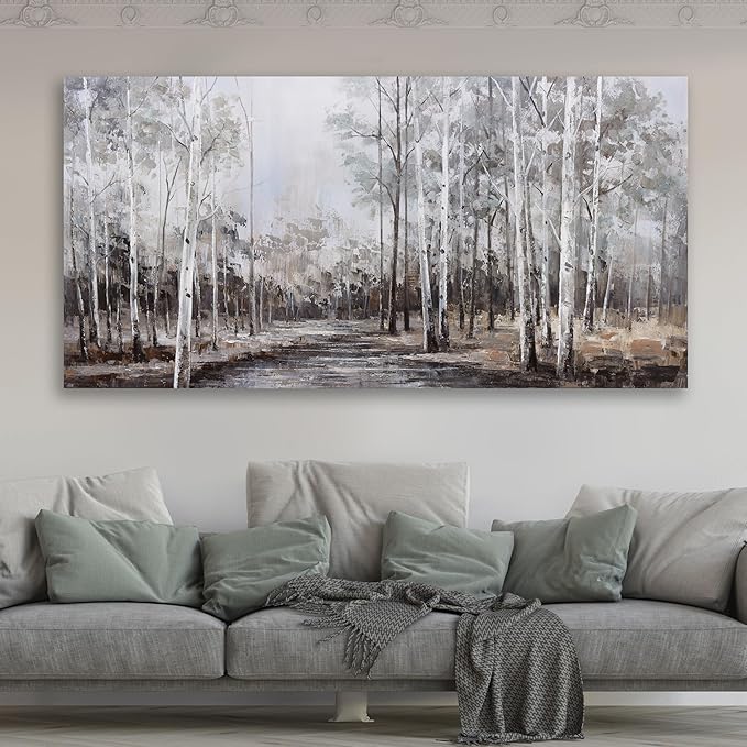 White Birch Tree Wall Art Grey Forest Painting Abstract Canvas Art Landscape Panoramic Picture Nature Artwork Framed for Living Room Bedroom Dinning Room Home Office Wall Decor 59"x28"