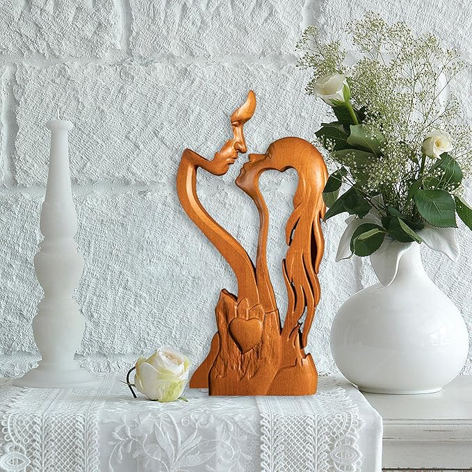 Wooden Kissing Couple Ornament, Abstract Couple Portrait Sculpture Romantic Love Statue Decor Gift for Women Anniversary Valentine Wedding - 10 Inch