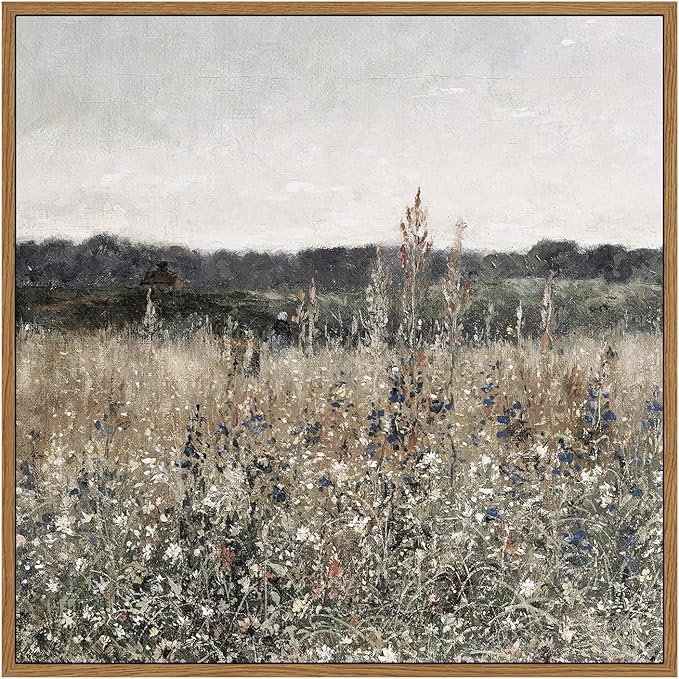 InSimSea Square Framed Canvas Wall Art, Home Decor Vintage Scenery Field Meadow Flowers Wall Art Prints, Retro Nature Floral Oil Paintings Wall Decor for Living Room Bedroom Home Bathroom 12"x12"