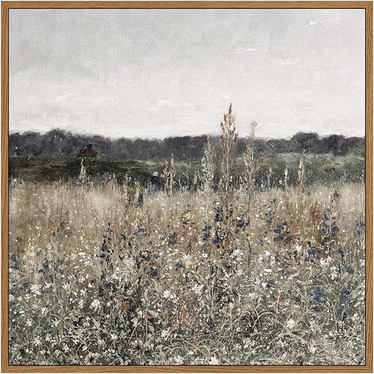InSimSea Square Framed Canvas Wall Art, Home Decor Vintage Scenery Field Meadow Flowers Wall Art Prints, Retro Nature Floral Oil Paintings Wall Decor for Living Room Bedroom Home Bathroom 12"x12"