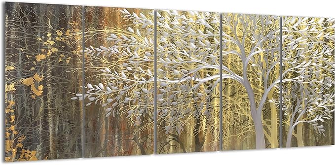 Yihui Arts Gold Metal Wall Art Handcrafted Tree on Aluminum Artwork Modern Forest Pictures with 3D for Living Room Bedroom Kitchen Decor
