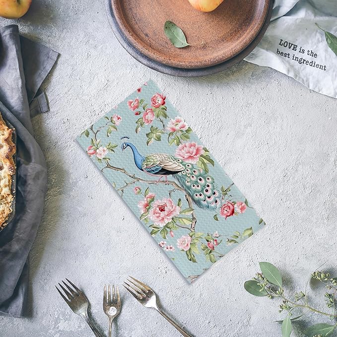 Chinoiserie Floral Peacock Kitchen Towels - Blue Decorative Hand Towels for Kitchen and Bathroom Decor - 16x24 Inches