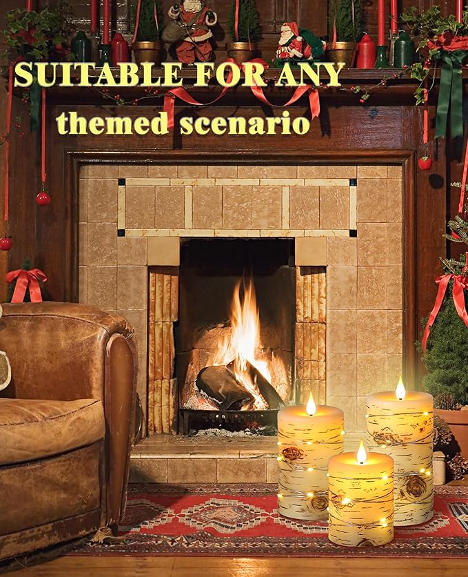 Flameless Candle LED Candles Hand Painted Birch Bark Effect Recessed Light String Candle Set of 3(H4,5,6") Ivory Real Wax Pillar Battery Operated Candles with Dancing LED Flame 10-Key Remote Control