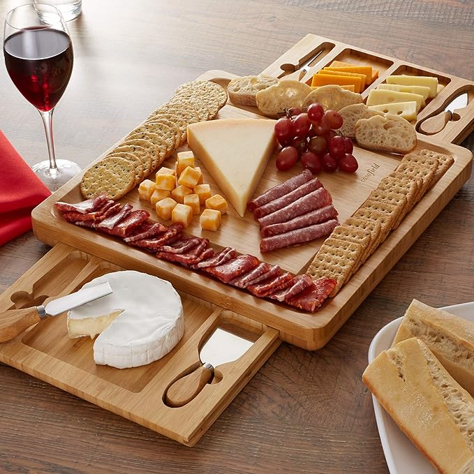 Casafield Bamboo Cheese Board Gift Set, Charcuterie Board Serving Platter with Stainless Steel Knives for Entertaining, Birthdays, Weddings