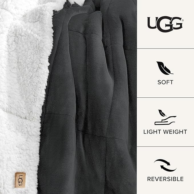 UGG Nita Throw Blanket Soft Reversible Plush Throw for Couch or Bed Washable Warm Fluffy Blanket for College Dorm Essentials and Bedding with Down Alternative Fill, 50-inch x 70-inch, Charcoal Grey