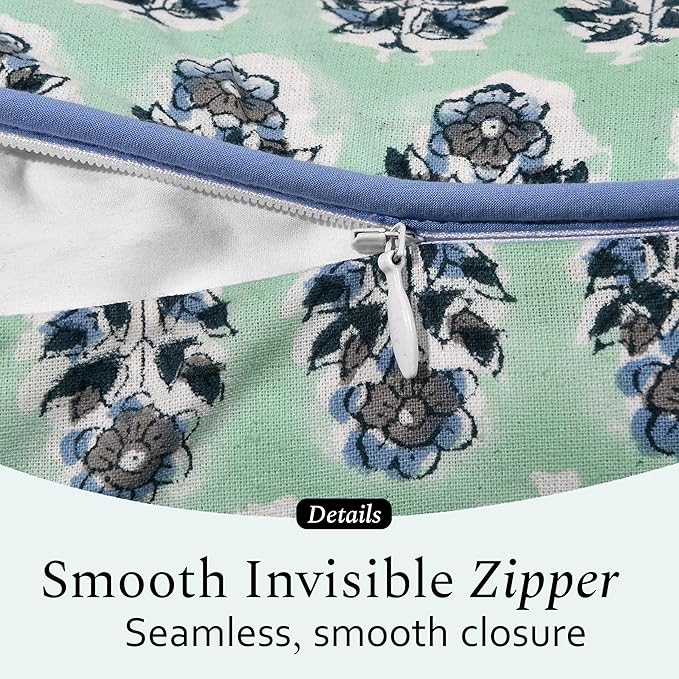 CPC 100% Cotton Throw Pillow Covers 18x18 Inch, Set of 2 Blue Block Print Pattern Couch Pillow, Cute Boho Decorative Pillows for Living Room, Bedroom with Hidden Zipper- Poppy Blue