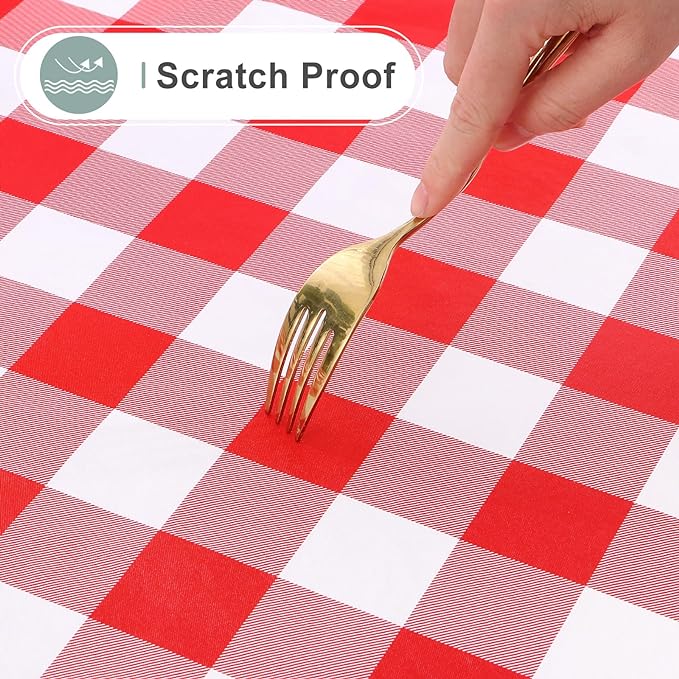 misaya Square Waterproof Vinyl Table Cloth, Buffalo Flannel Backed Tablecloth, Wipeable Plastic Table Cover for Dinner, Kitchen, Outdoor (60" x 60", Red and White)