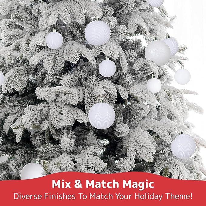 Prextex 36pc Shatterproof White Christmas Balls Ornament Set - Festive Christmas Tree Ornaments in 3 Different Sizes and 6 Styles - Holiday Decoration with Hanging Loops for Tree, Wreath, Party Decor