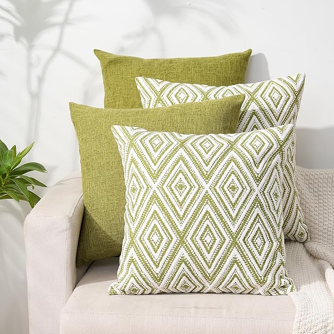 HPUK Decorative Throw Pillow Covers Set of 4 Geometric Design Linen Cushion Cover for Couch Sofa Living Room, 18"x18" inches, Green