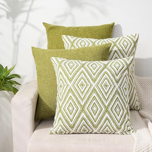 HPUK Decorative Throw Pillow Covers Set of 4 Geometric Design Linen Cushion Cover for Couch Sofa Living Room, 20"x20" inches, Green