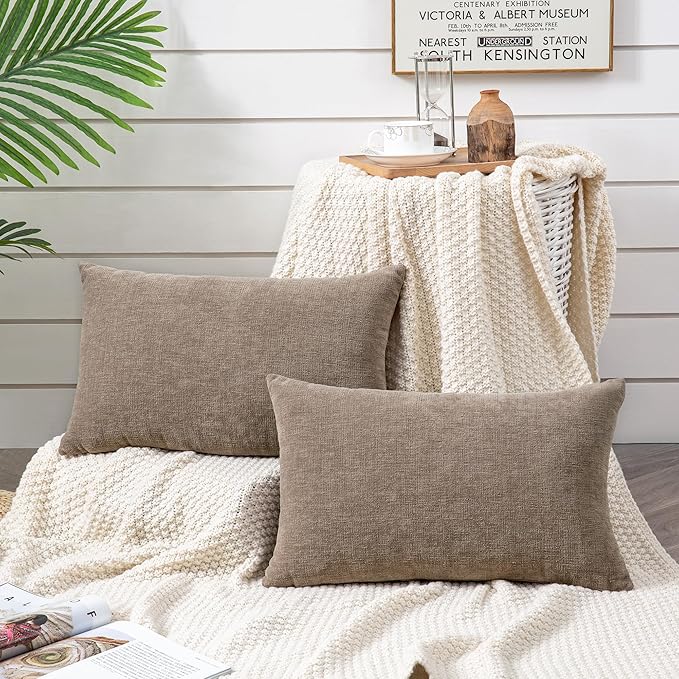 GAWAMAY Lumbar Pillow Decorative Rectangle Throw Pillow Covers 12"x20" Inch Set of 2, Super Soft Chenille Pillowcase for Living Room Bedroom Sofa Couch Cushion Cover Taupe Grey 30x50cm (ONLY Covers)
