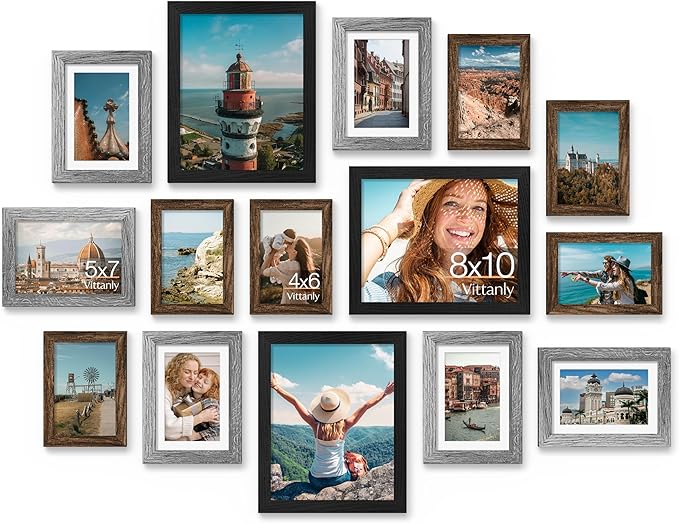 Vittanly 15 Pack Picture Frames Collage Wall Decor for Mounting or Tabletop Display, Gallery Frame Set for Family, Multi Sizes Including 3pcs 8x10, 6pcs 5x7, 6pcs 4x6, Black, Brown and Grey