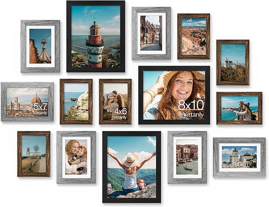 Vittanly 15 Pack Picture Frames Collage Wall Decor for Mounting or Tabletop Display, Gallery Frame Set for Family, Multi Sizes Including 3pcs 8x10, 6pcs 5x7, 6pcs 4x6, Black, Brown and Grey
