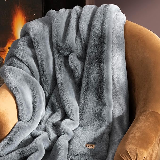 UGG Plush Faux Fur Throw Blanket Reversible Medium Weight Luxury Soft Throw Blankets for Bed or Chair, Hypoallergenic, Machine Washable, Home Decor, 50-inch x 70-inch, Chambray Blue Grey (Euphoria)