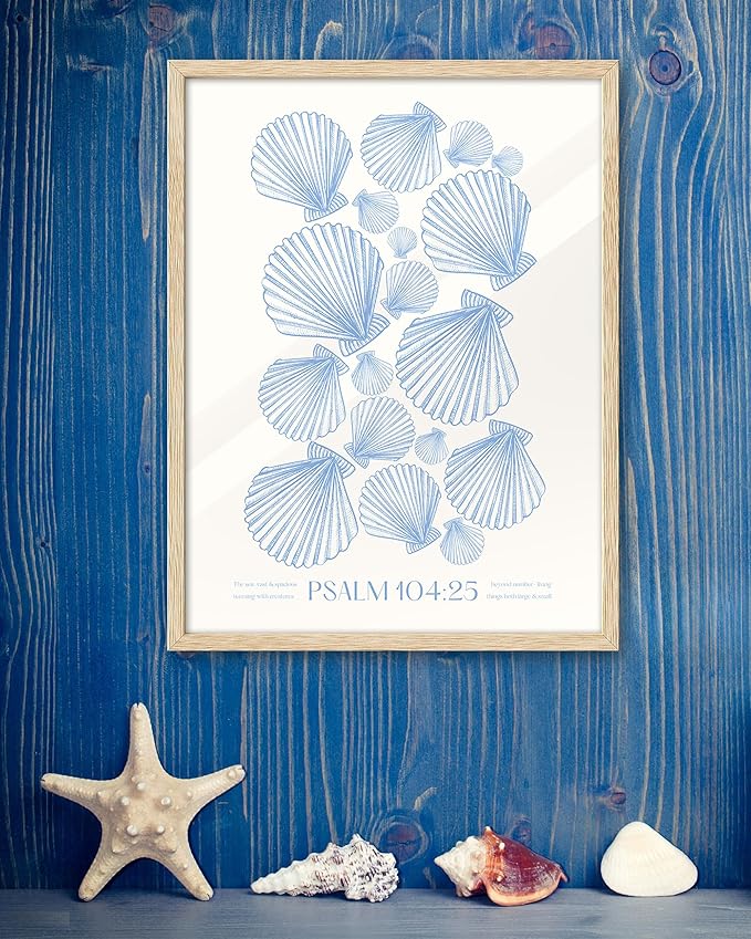 EcoHest Christian Bible Verse Framed Wall Art, Large 16x20in OAK Wood Trendy Seashell Nautical Scripture Quote Canvas Wall Art, Psalm 104:25 Home Decor, Beige Logs Set of 1 for Bedroom Living Room
