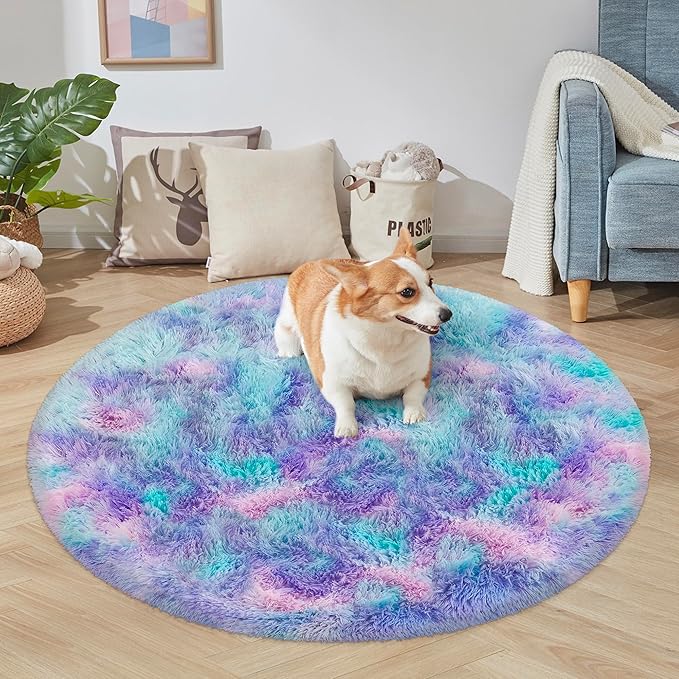 4x4 ft Tie Dye Rainbow Round Rug for Bedroom Room Fluffy Circle Rug Furry Carpet Shaggy Circular Fuzzy Washable Non-Slip Large Area Rug Soft Indoor for Living Room Cute Aesthetic Home Decor