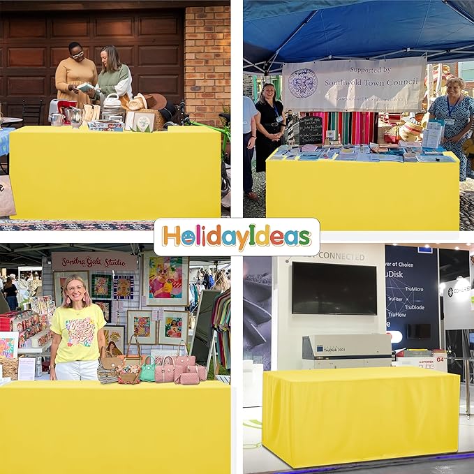 HolidayIdeas Fitted Tablecloths for 8 Foot Rectangle Table, Wrinkle Resistant Washable Table Cover 30x96 Inch for Vendor Booth Display, Banquet, Trade Show, Yellow, 4 Pcs