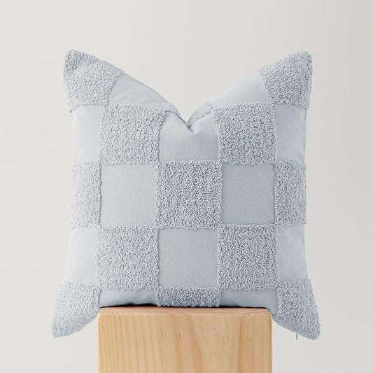 Double Stitch 100% Cotton Throw Pillow Covers - Checkered Tufted Boho Decorative Pillow Covers 20x20, Made in India, Square Cushion Case, Modern Home Decor for Couch, Sofa, Living Room, Arctic Blue