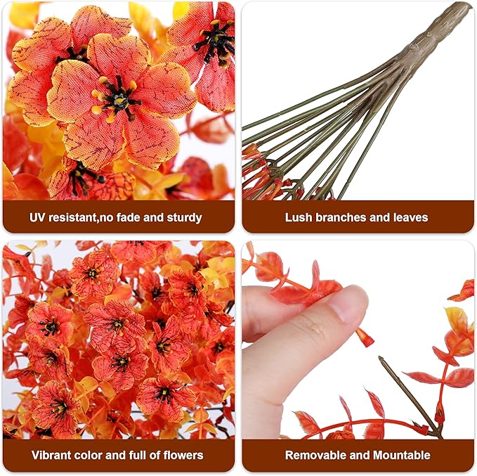 Fall Artificial Flowers for Outdoors Fake Silk Flower, 2Pcs Red Orange Daisy Autumn Decor, Realistic Hanging Decoration Plants, UV & Fading Resistant for Porch Patio Balcony Planter