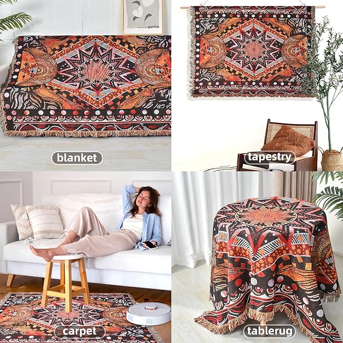 Boho Throw Blanket Reversible Cotton Bohemian Tapestry Hippie Room Decor Outdoor Blanket Double Sided (Boho Patten 6 50"x60")