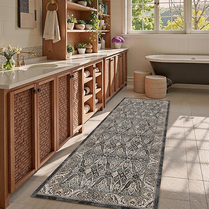 Washable Area Rug 2'6'' x 8' Vintage Traditional Persian Mat - Foldable Distressed Non-Slip Machine Washable Carpet for Living Room Bedroom Kitchen Home Decor - Ebony and Taupe