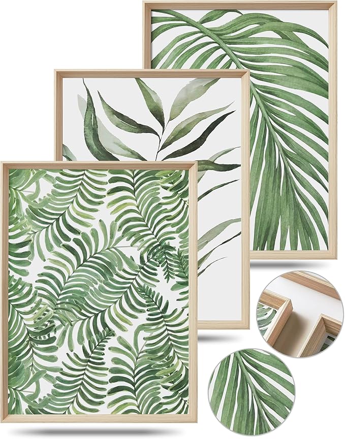 UPWOIGH Framed Green Wall Art(No Plexiglass), Palm Leaves Canvas Wall Art,16x12in Botanical Wood Bohemia Sage Wall Decor Prints Artworks for Living Room Bedroom, Plant Neutral Wall Decor Set of 3